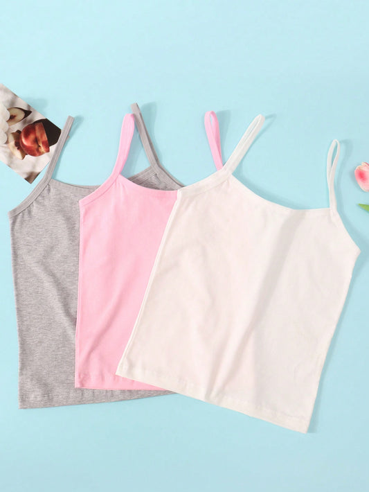 Young Girls' Underwear Top, 3pcs/Pack, Macaroon Colored Short Basic Vest, All Seasons