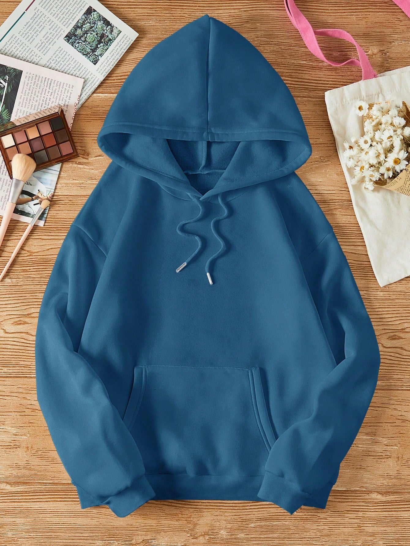 Solid Kangaroo Pocket Drawstring Thermal Lined Hoodie