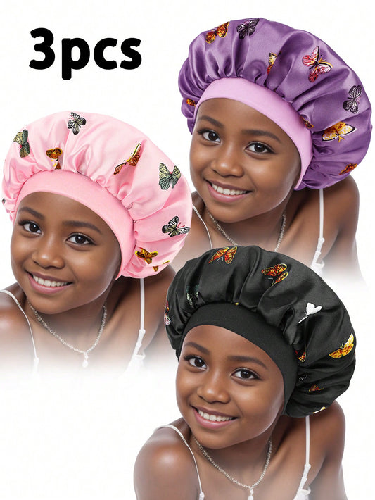 3pcs Kids' Wide Brim Butterfly Printed Bonnets With Elastic Band, Stylish Headwear For Daily Use And Sleep