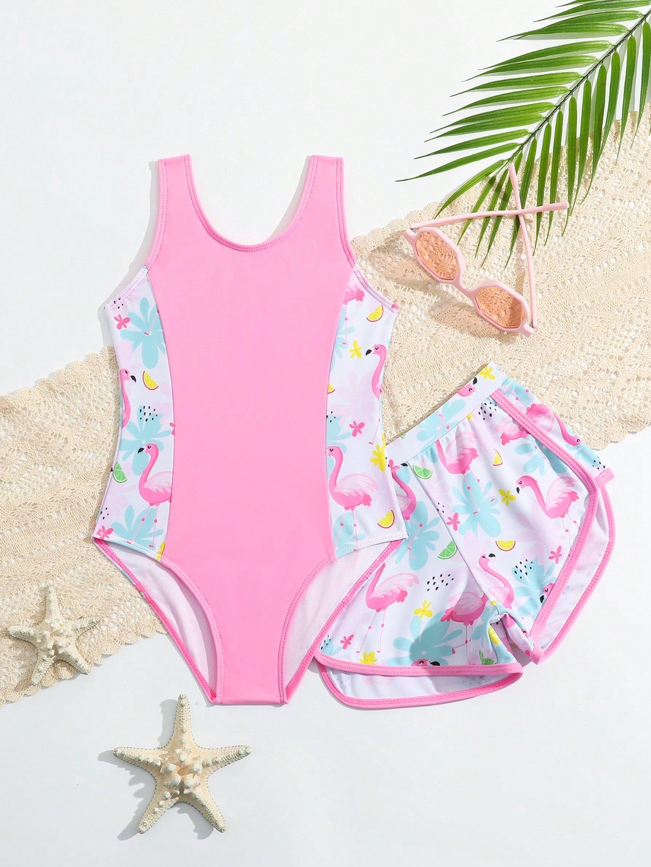 Young Girl Colorblock Flamingo Print One-Piece Swimsuit With Vest And Shorts Cover-Up