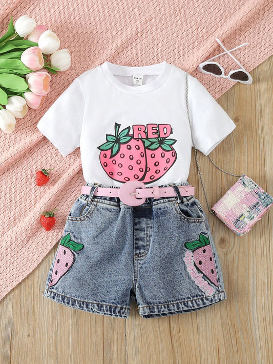 Young Girl Summer 2pcs/Set Strawberry & Letter Print Short Sleeve T-Shirt And Embroidered Elastic Waistband Denim Shorts With Belt