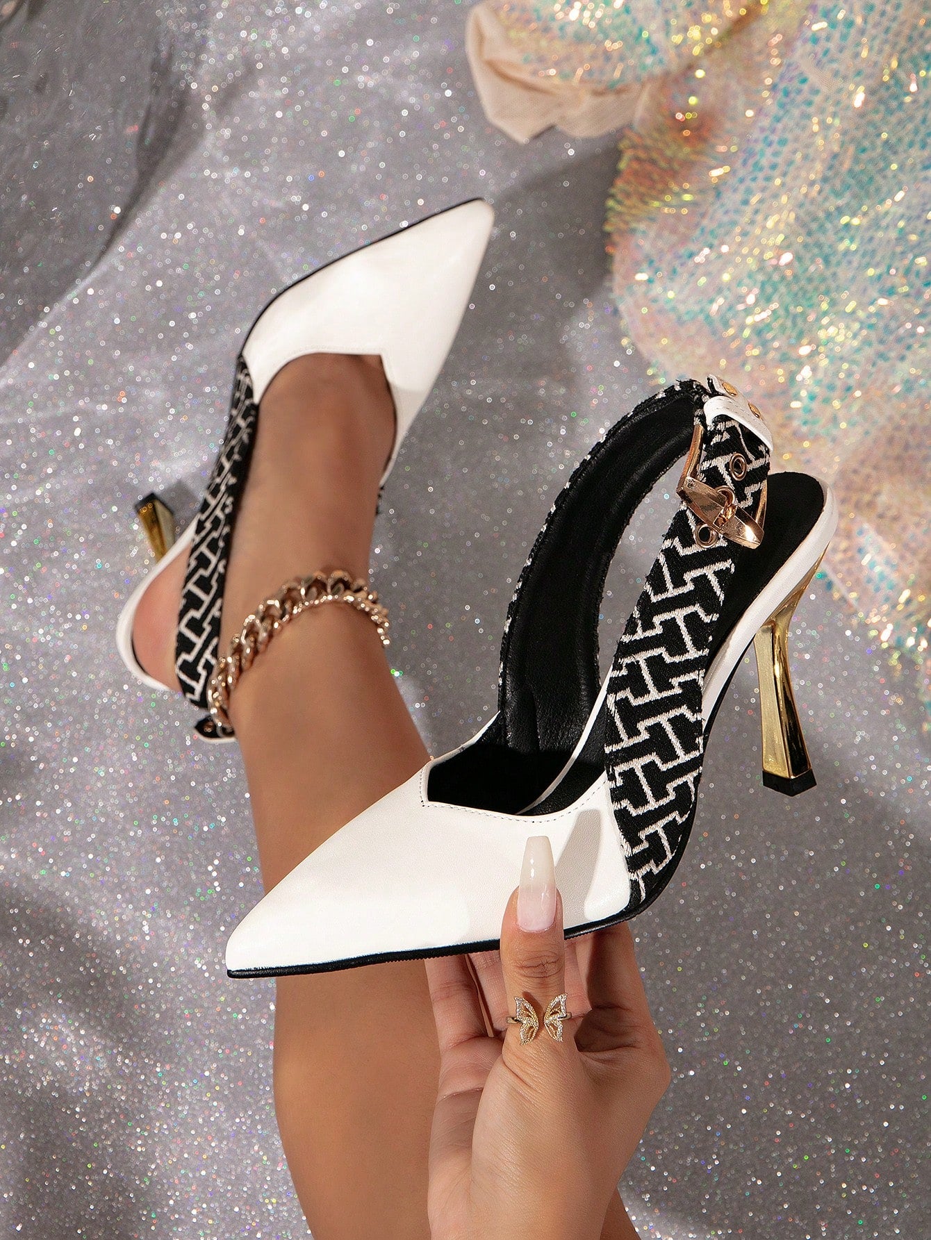 Ladies' Buckled High Heel Pumps With Color Block, Pointed Toe And Hollow Out Design For Elegant And Stylish Party Look