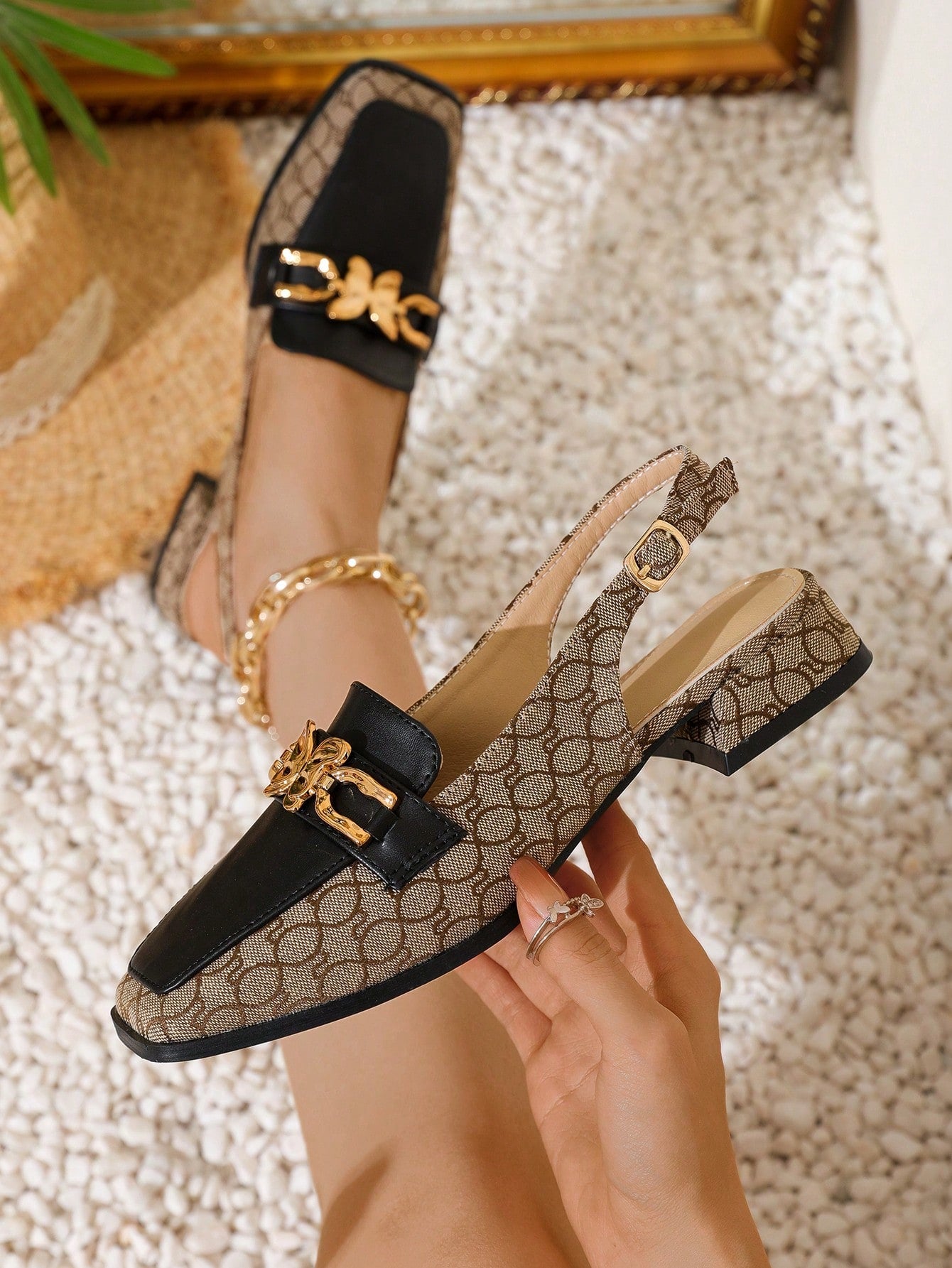 New Style Autumn/Winter Fashion Metal Chain Square Toe Backless Sandals For Women - Mall Similar