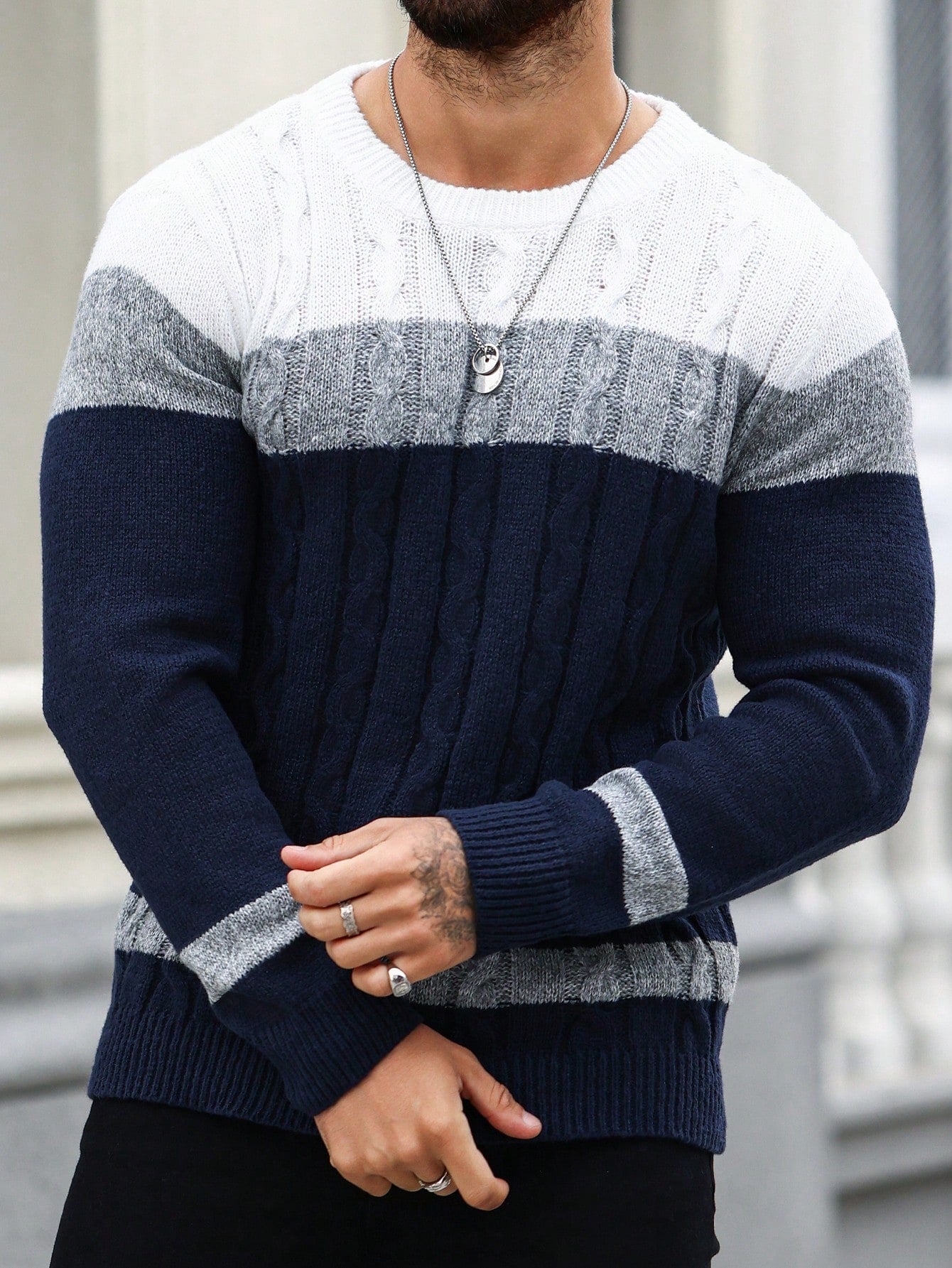 Men's Color Blocking Cable Knitted Sweater , Crew Neck Long Sleeve Knit Block Light Grey Going Out Business Casual Husband