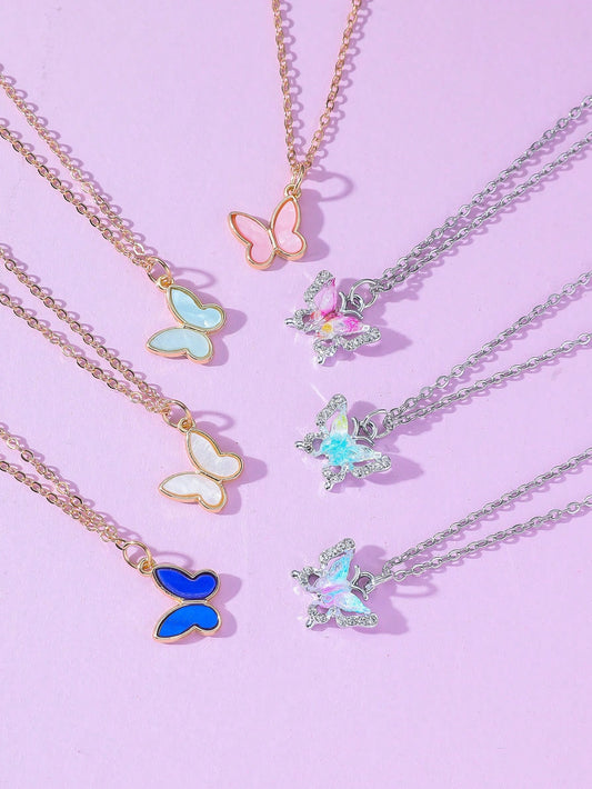 1pc/7pcs Kids' Multicolor Stainless Steel Butterfly Pendant Necklace, Ideal For New Year & Christmas Gifts