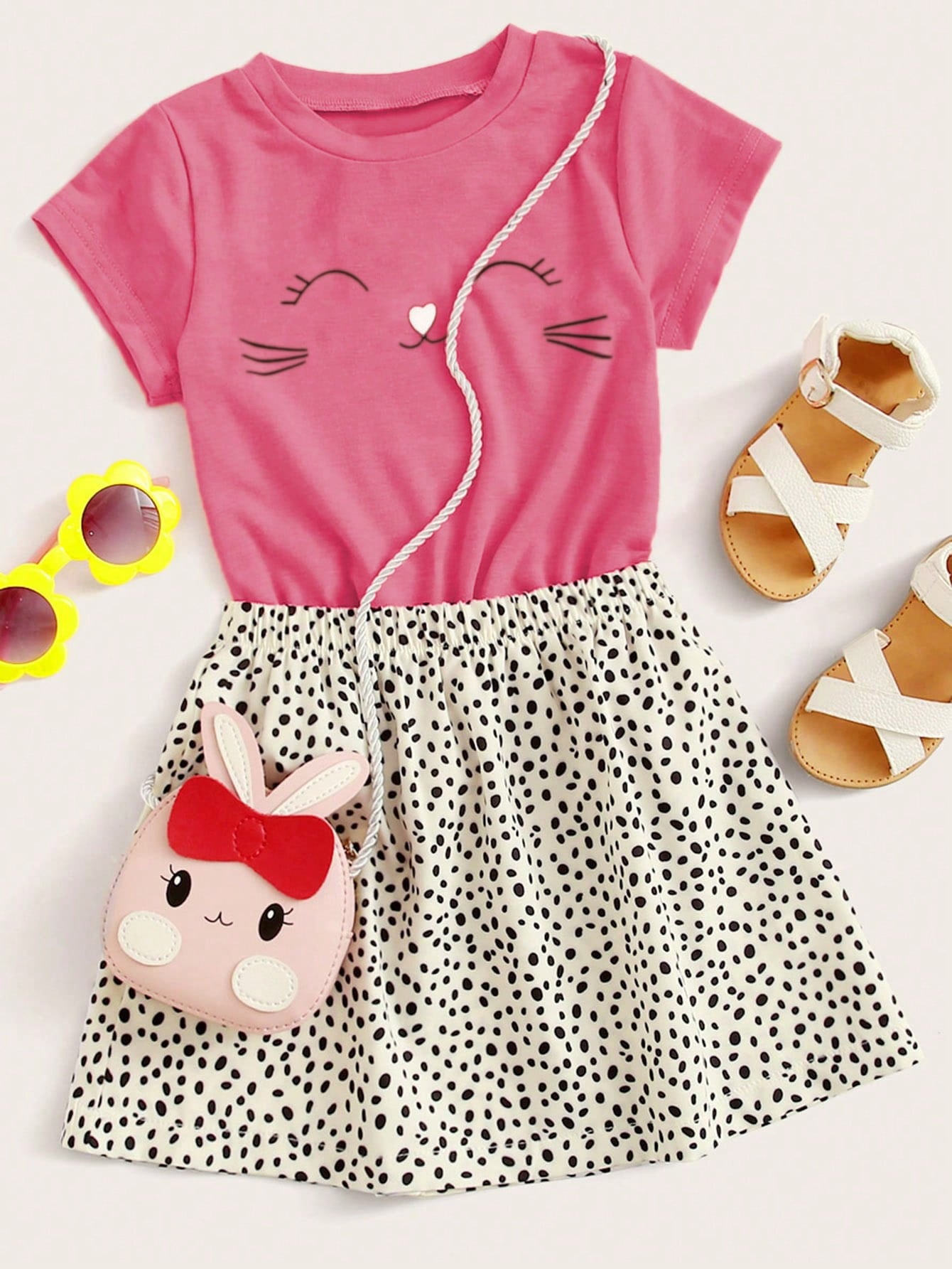 Young Girl Cartoon Graphic Tee & Confetti Print Skirt