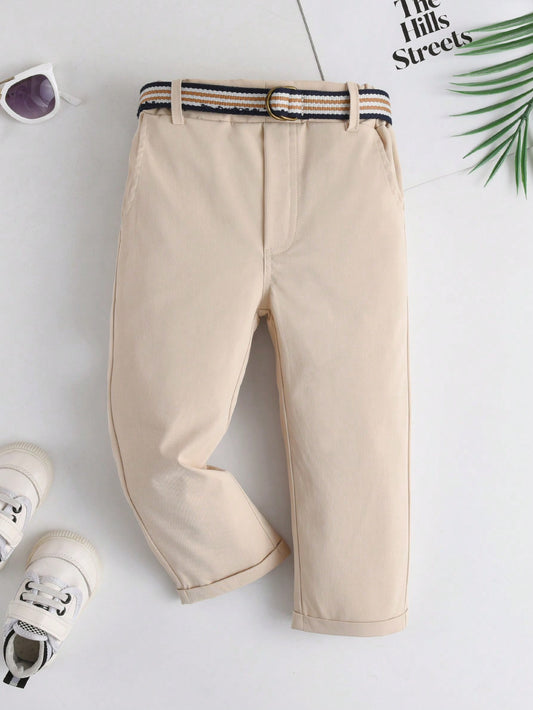 Young Boy Gentleman Pants, Woven Long Pants With Belt For Spring And Autumn, For 4-12 Years