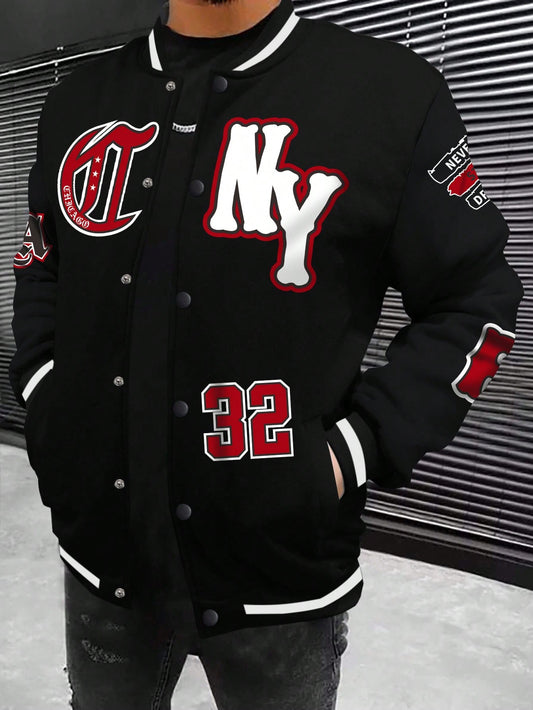 Men's Striped Baseball Collar Drop Shoulder Sleeve Alphabet & Five-Pointed Star Pattern Front Button Jacket