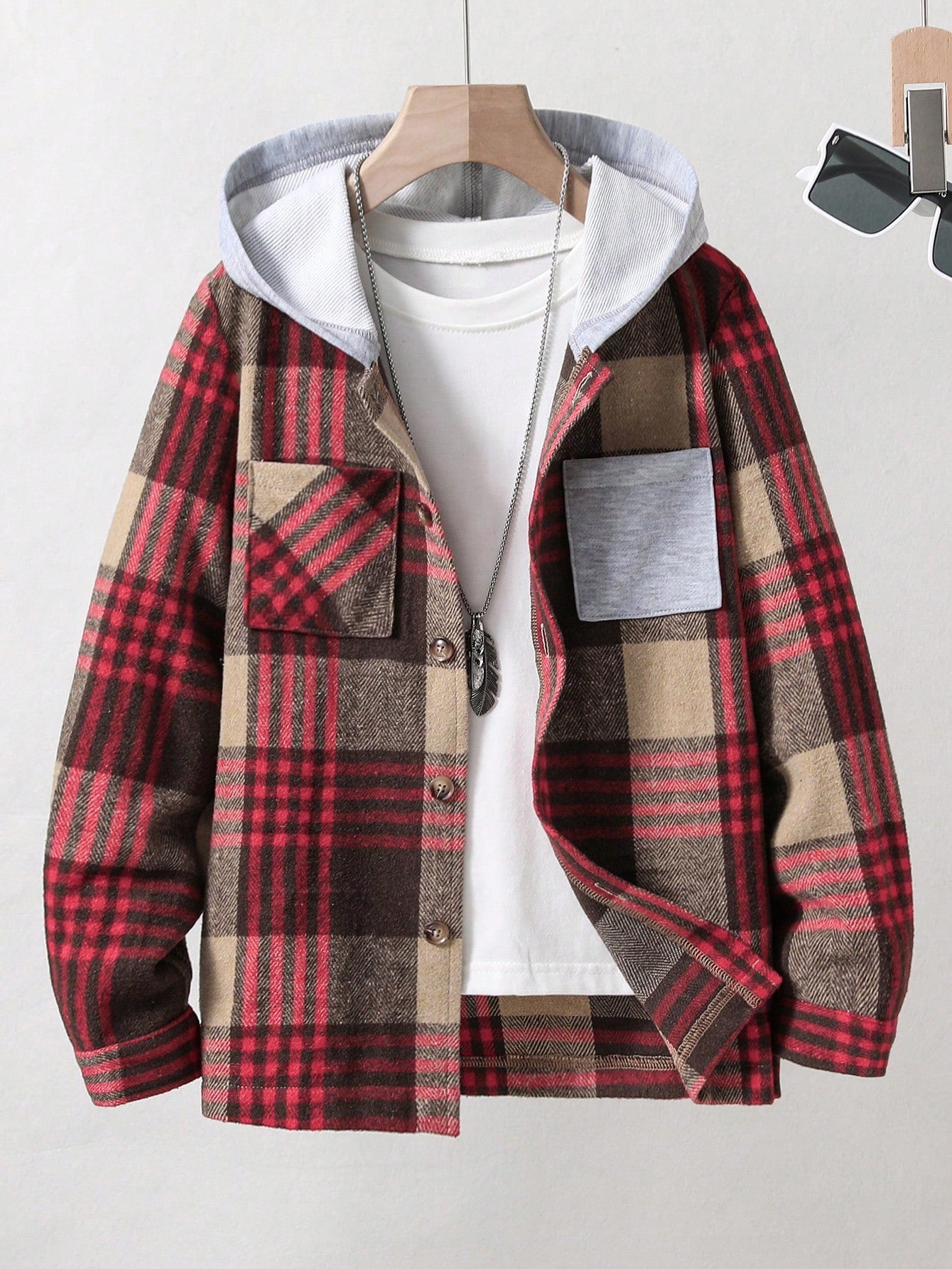 Boys' Plaid Hooded Jacket With Pocket Detail