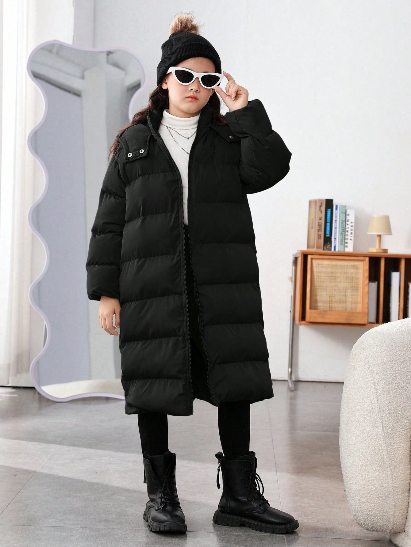 Tween Girls' Woven Solid Color Hoodied Loose Fit Long Casual Winter Coat