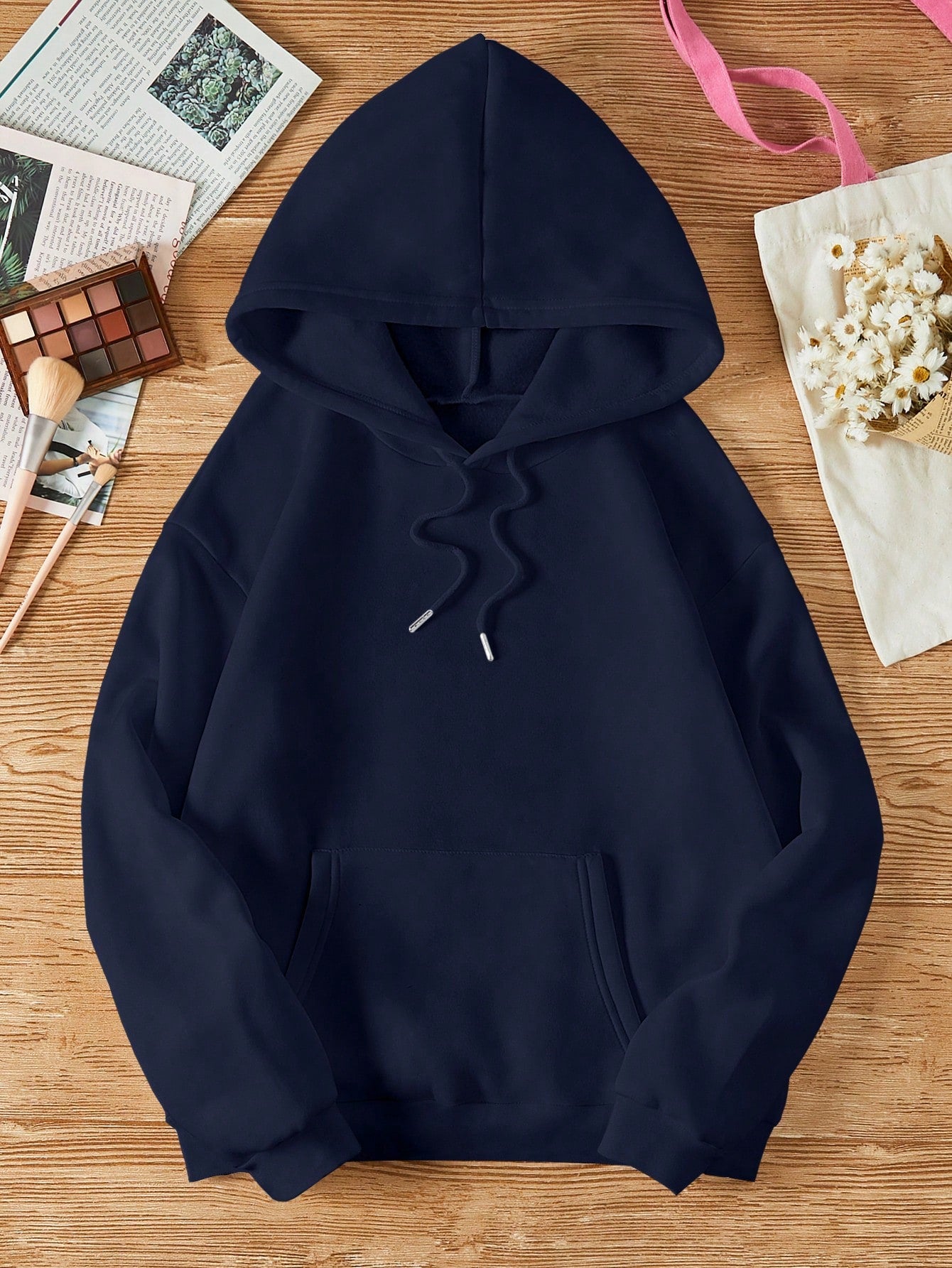 Solid Kangaroo Pocket Drawstring Thermal Lined Hoodie