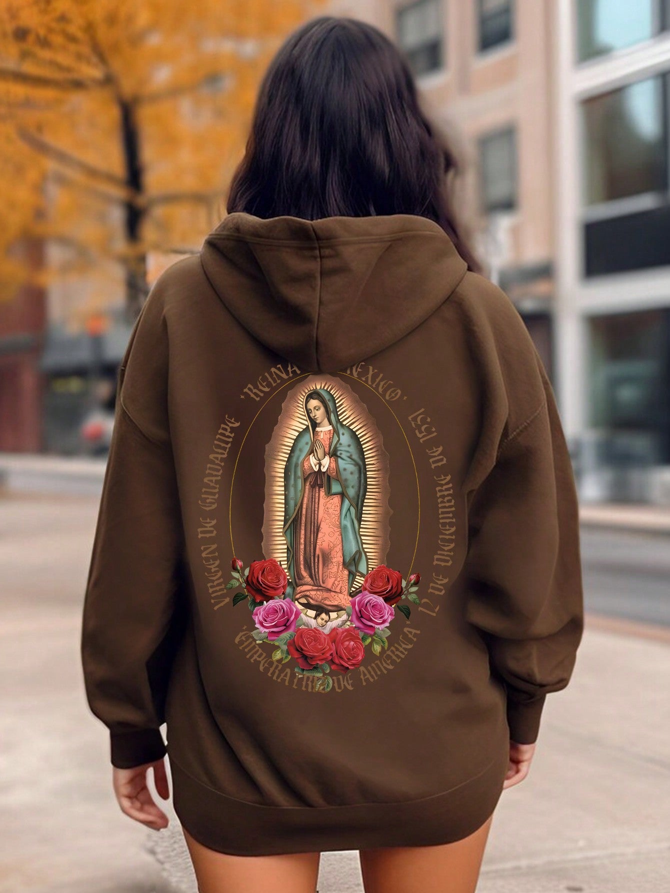 Women's Printed Hoodie With Virgin Mary Back Design