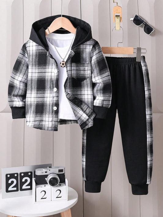 Young Boy's Casual Plaid Print Patchwork Button-Up Hooded Shirt And Sports Pants