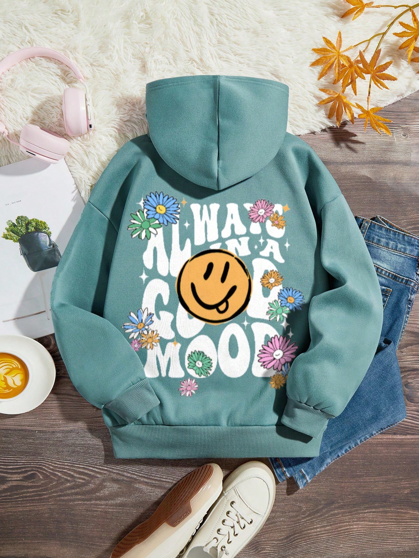 Tween Girl Casual Printed Hooded Sweatshirt With Long Sleeves, Featuring Slogan & Designs, Suitable For Autumn And Winter