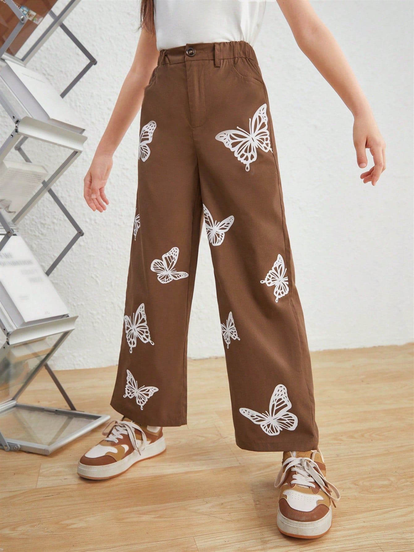 Tween Girl Urban Casual Butterfly Pattern Color Block Weave Wide Leg Pants With Slanted Pockets