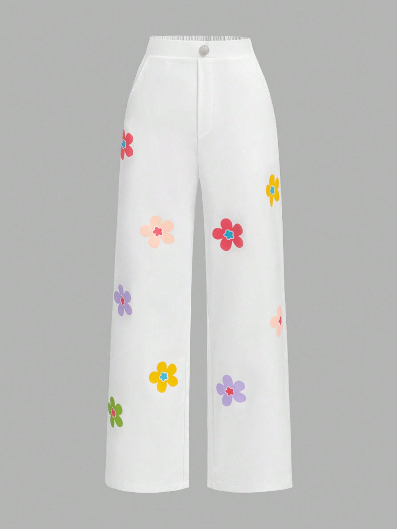 Tween Girl Sporty Casual Loose Straight-Leg Pants With Colorful Flower Pattern, Woven Fabric