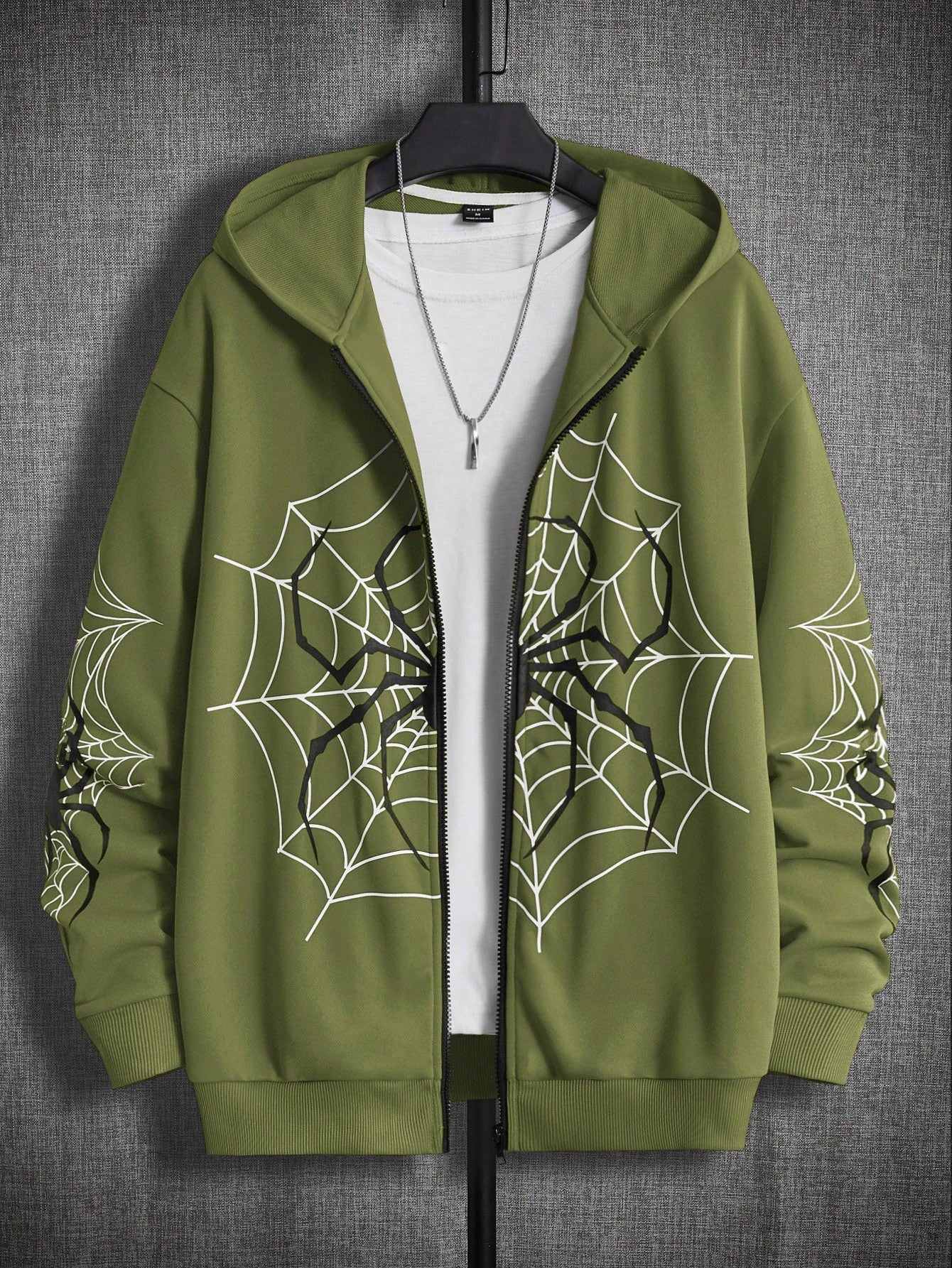 Loose-Fit Men's Spider Web Print Zip-Up Hoodie Without T-Shirt