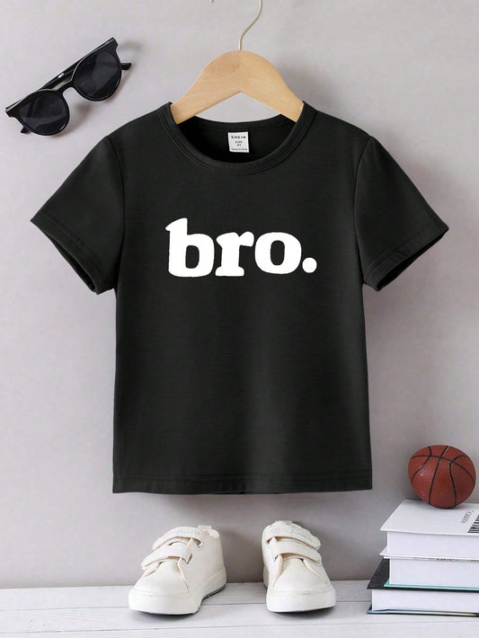 Young Boy Casual Bro Letter Print Round Neck Short Sleeve T-Shirt