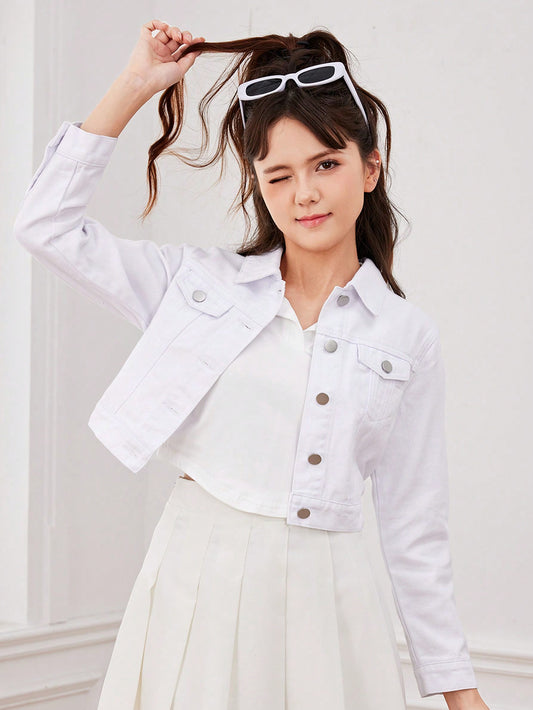 Tween Girls' Basic Casual College Style White Denim Jacket