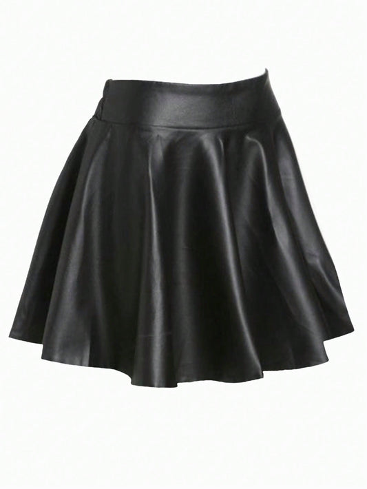 Women's Plus Size High Waisted Pu Leather Pleated Knee-length Skirt