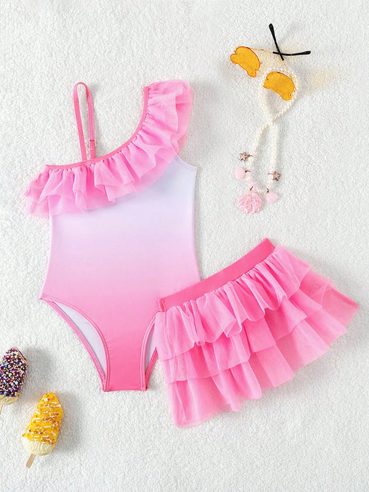 Young Girl 2pcs Gradient Color One-Piece Swimsuit With Skirt Cover-Up, Cute Bathing Suit For Summer Beach Activities