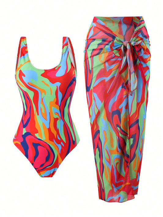 Swim Oasis Summer Beach Women's Printed One-Piece Swimsuit Matching With Swimwear Cover-Up Skirt