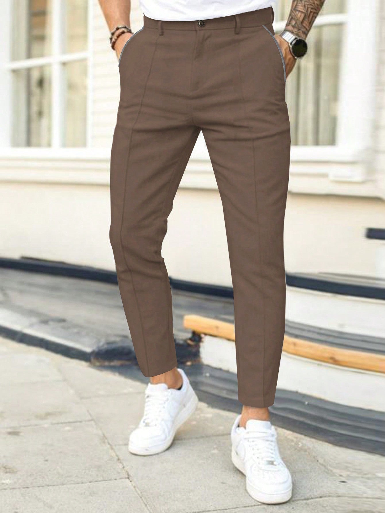 Men Casual Solid Slant Pocket Suit Pants