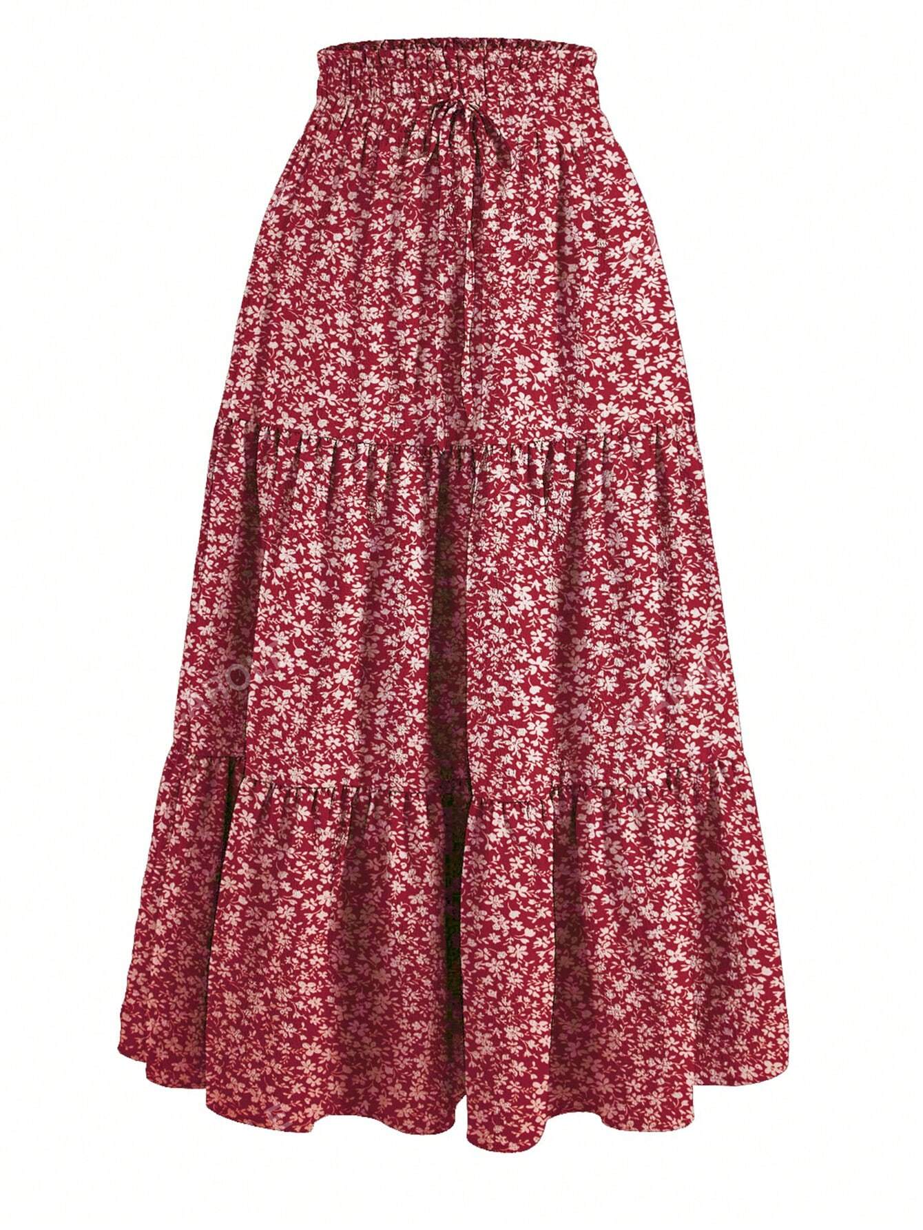 Floral Print Tiered Ruched Elastic Waist Vacation Skirts