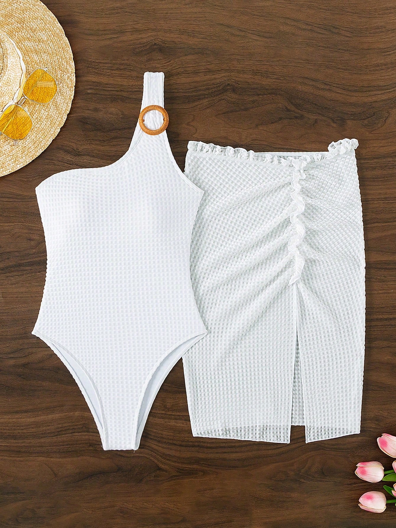 Swim Summer Beach 2pcs/Set Women's Single Shoulder One-Piece Swimsuit With Cover-Up Skirt