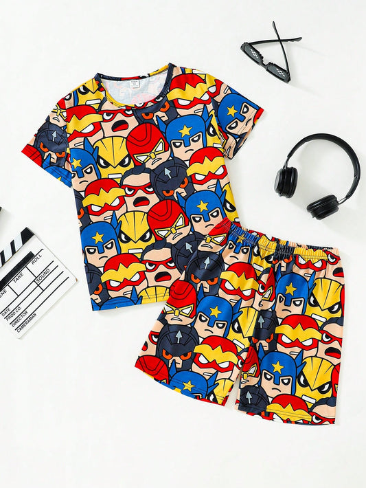 Tween Boy Hero Theme Print Short Sleeve T-Shirt And Shorts Homewear Set, Summer