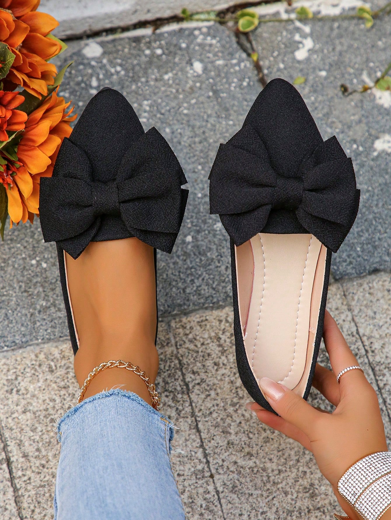 Women Geometric Graphic Point Toe Flats, Elegant Faux Suede Loafer Flats For Outdoor