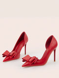 Fashionable Simple Sexy Stiletto Heels Pointed Toe Shallow Mouth Shoes For Women, With Bow Knot And Hollow-Out Designs, Showing Slim Legs