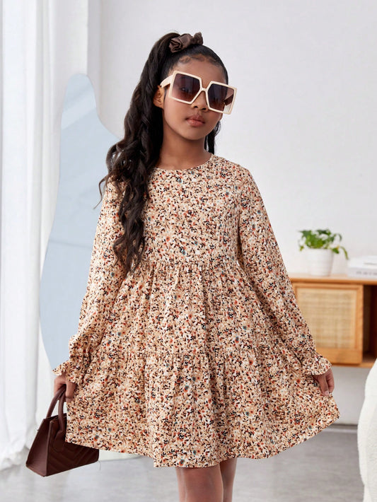 Tween Girls' Casual Vacation Style Long Sleeve Floral Print Dress