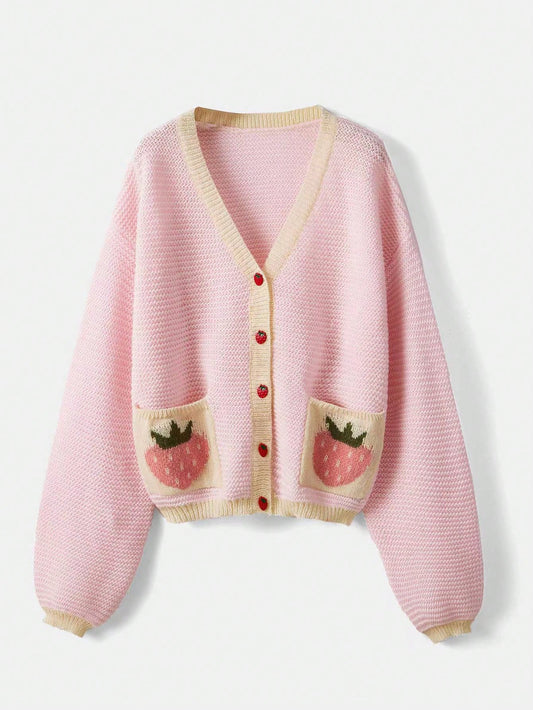 Plus Size Lovely Strawberry Jacquard Contrast Trim Cardigan