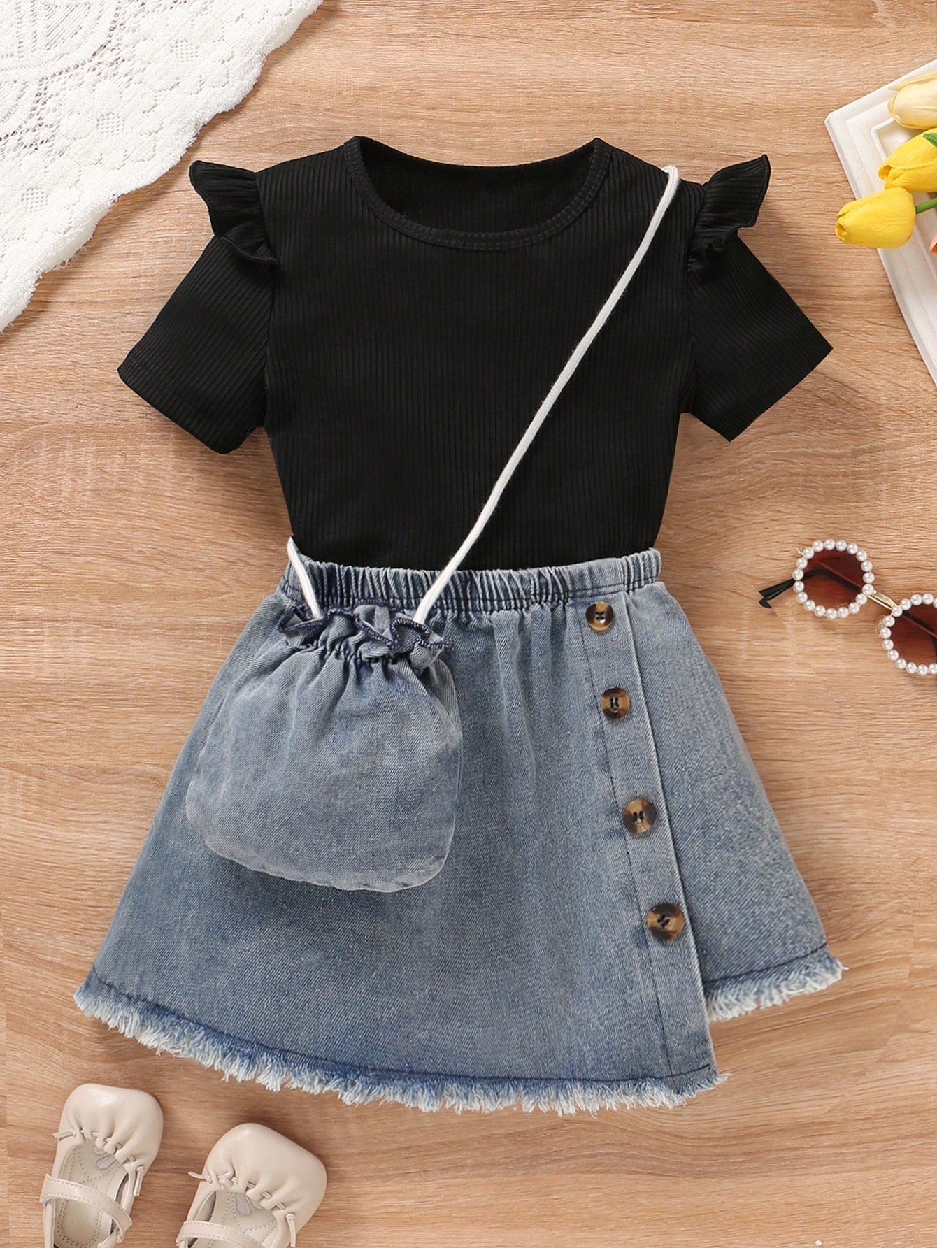 Young Girl Casual Round Neck Short Sleeve Solid T-Shirt And Elastic Waist Frilled A-Line Skirt Two-Piece Set With Crossbody Bag For Summer