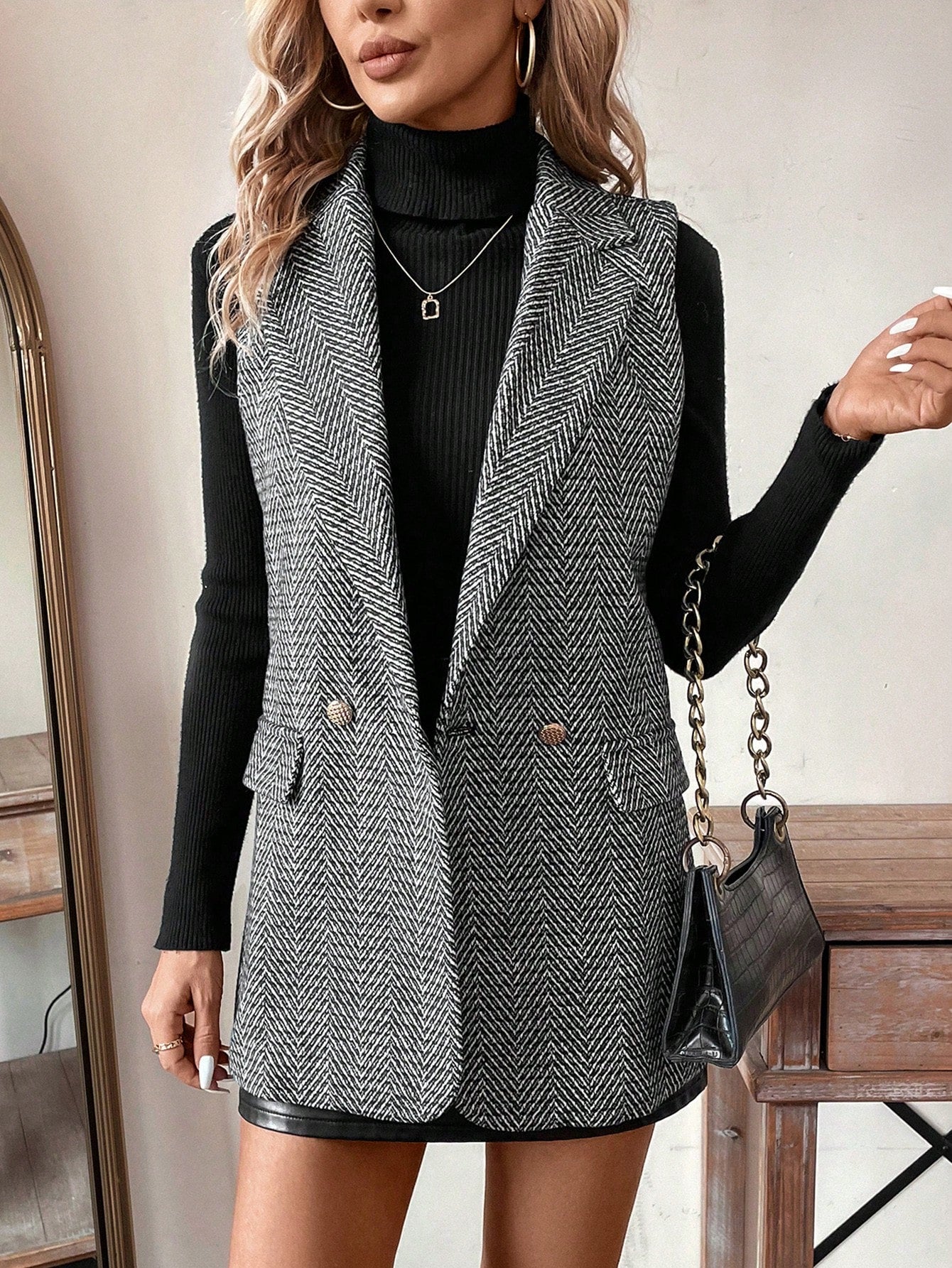 Basic Commuting Herringbone Tweed Suit Vest, Simple For Daily Wear