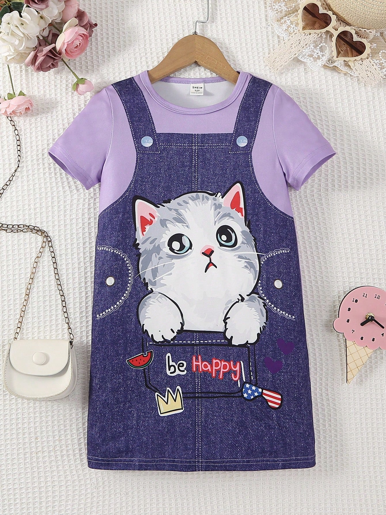 Young Girl Summer Short-Sleeved Cat Print Round Neck Dress