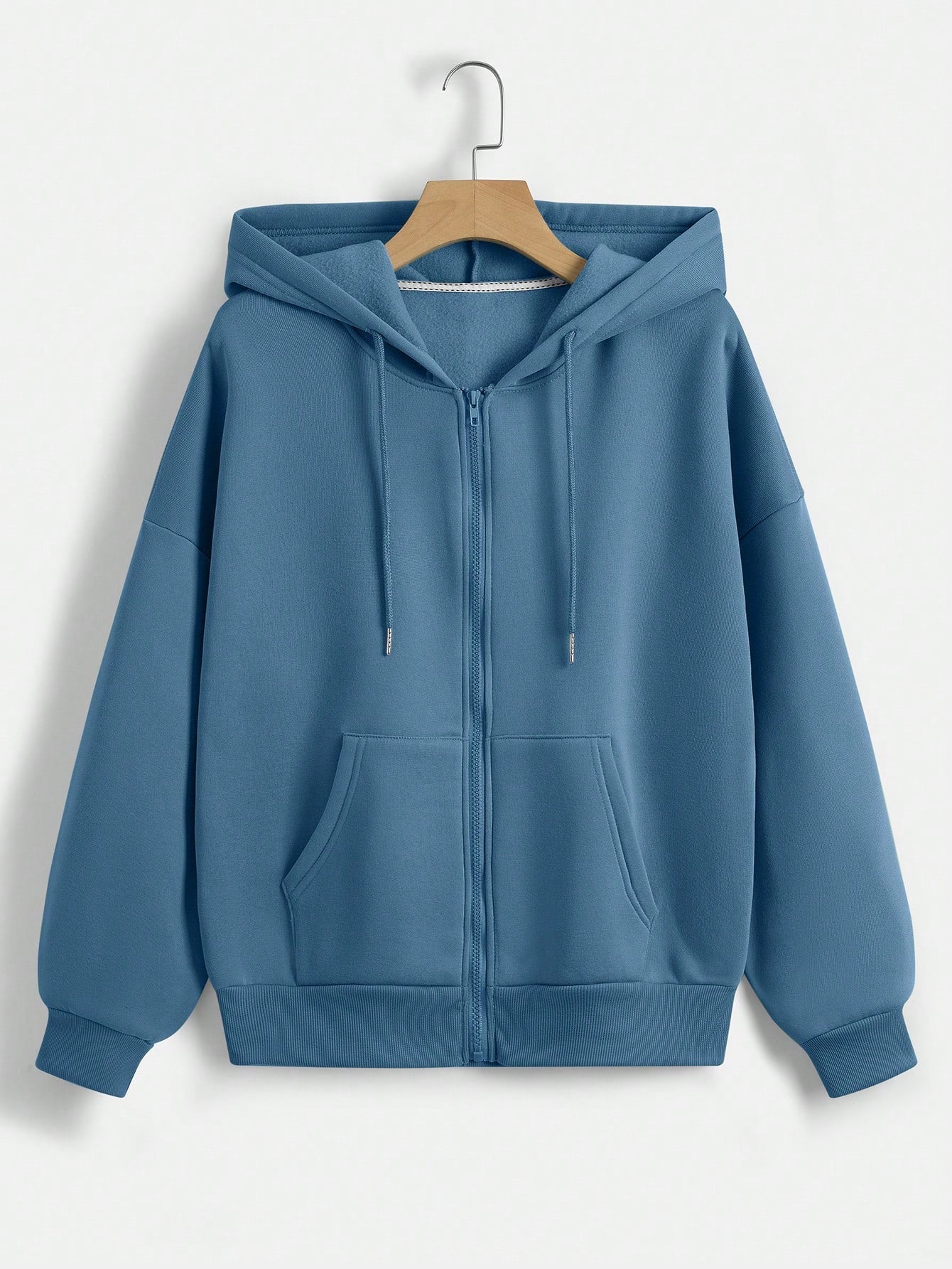 Zip Up Drop Shoulder Drawstring Thermal Lined Hoodie