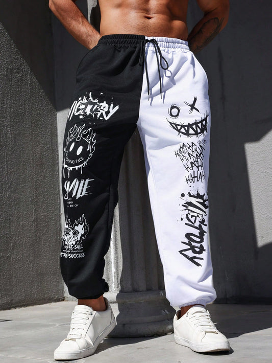 Men Plus Cartoon & Letter Graphic Two Tone Sweatpants