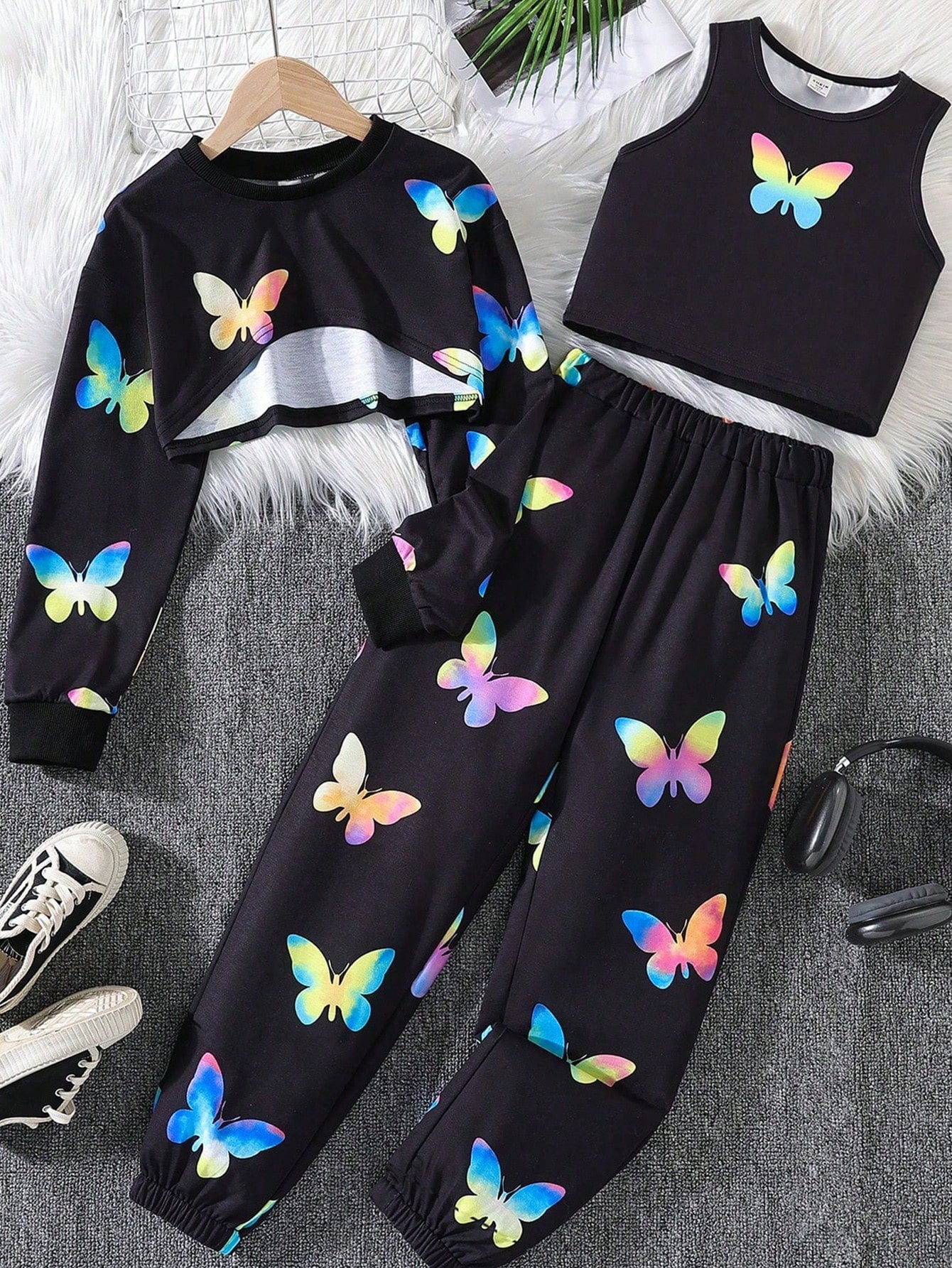 Tween Girl 3pcs/Set Trendy Butterfly Print Knitted Outfit