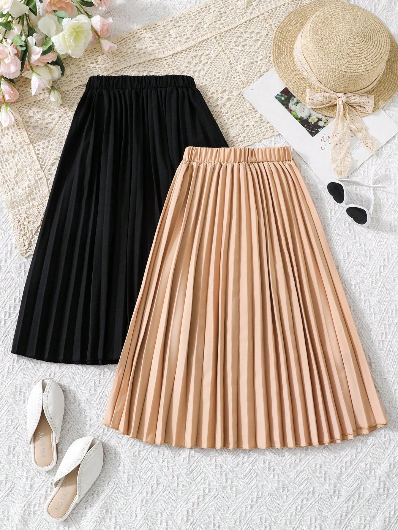 Young Girl Pleated Detail Skirt Set, Perfect For Autumn