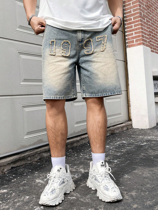 Joysei Men's Denim Shorts With Letter Patches Baggy Distressed Knee Light Blue Urban Vintage