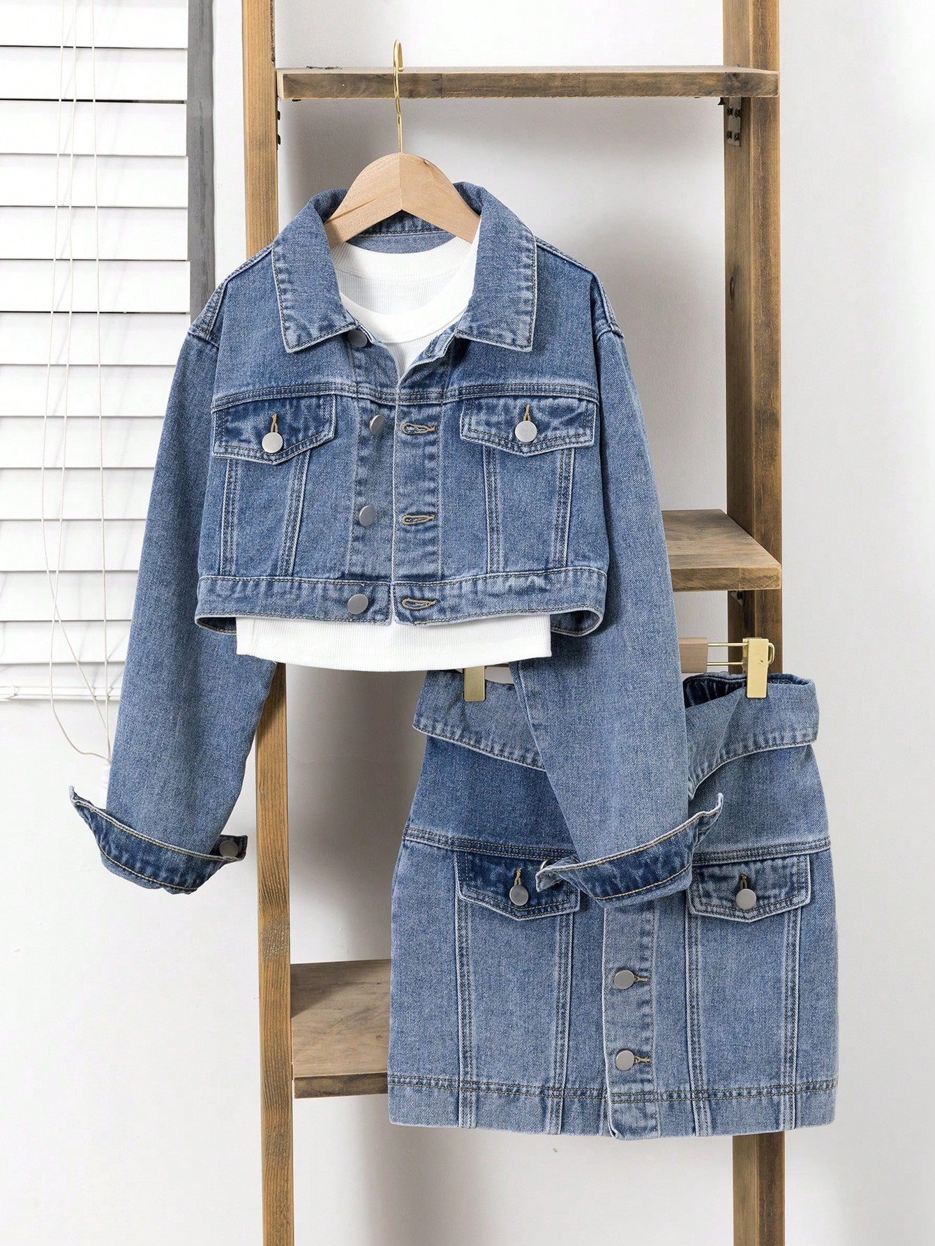 Tween Girl Mid Wash Denim Jacket And Skirt Set