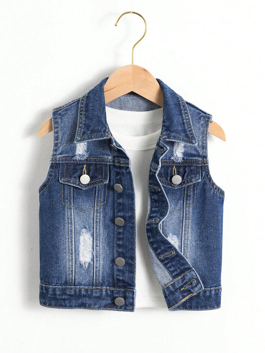 Kids Young Boy Summer Casual Medium Washed Distressed Denim Vest Jacket, Fashionable And All-Match