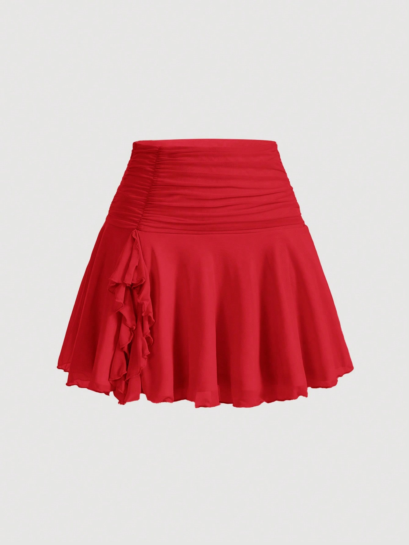 Drawstring Ruched Ruffle Hem Chiffon White Short Skirt