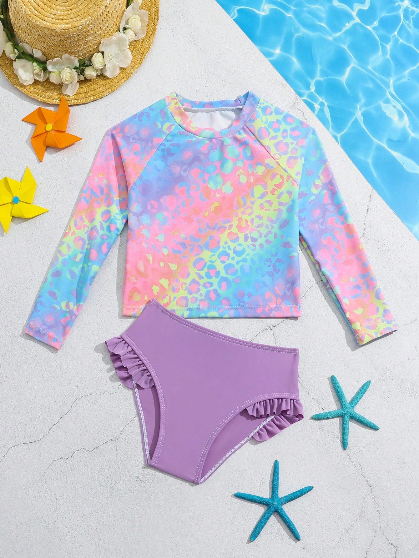 Young Girl Colorful Printed Two-Piece Swimsuit With Random Pattern