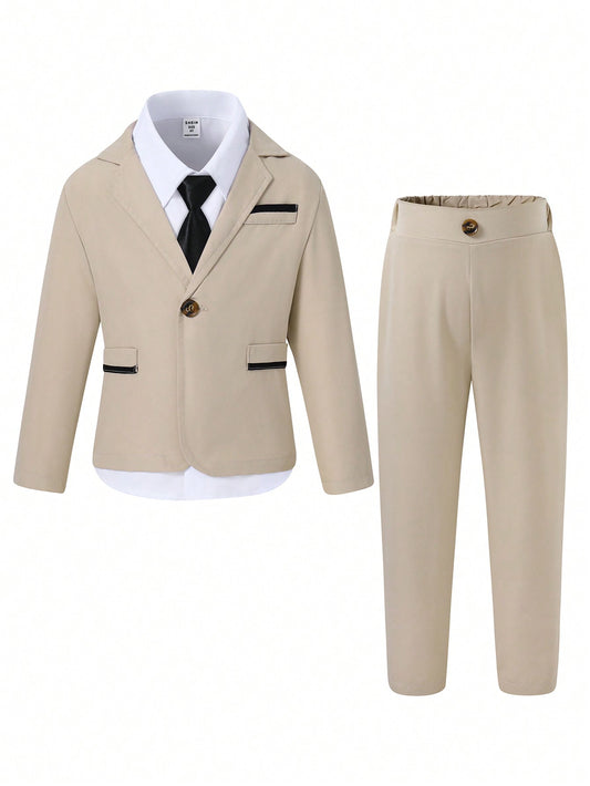 Young Boy Gentleman Two Piece Suit - Color Block Design Suit Jacket + Pants, Elegant Tuxedo For Birthday Party, Prom, Wedding, Baptism, Christening, And Other Formal Occasions