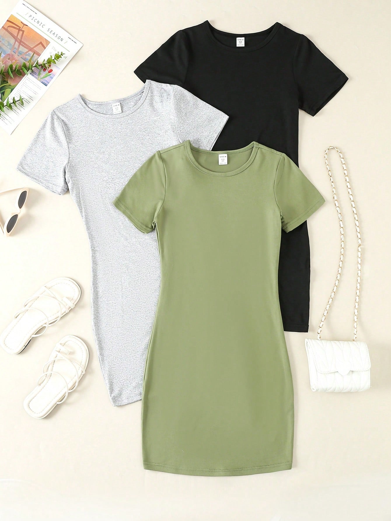 Tween Girl Round Neck Solid Color Casual Short Sleeve Dress, Simple Everyday Wear