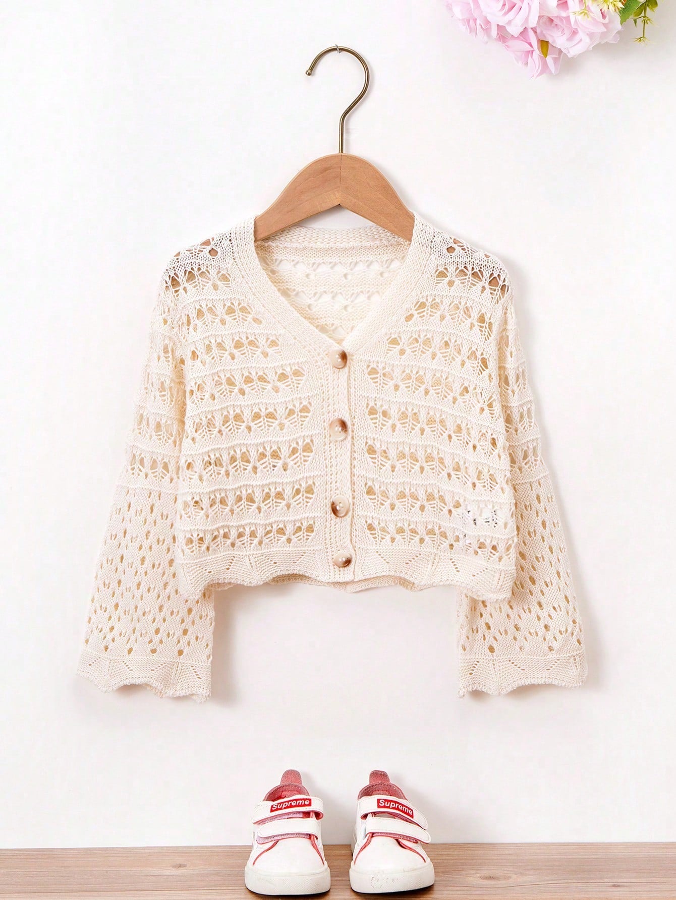 Young Girl Solid Color Hollow Out Bell Sleeve Cardigan, Single-Breasted, Casual, Long Sleeve