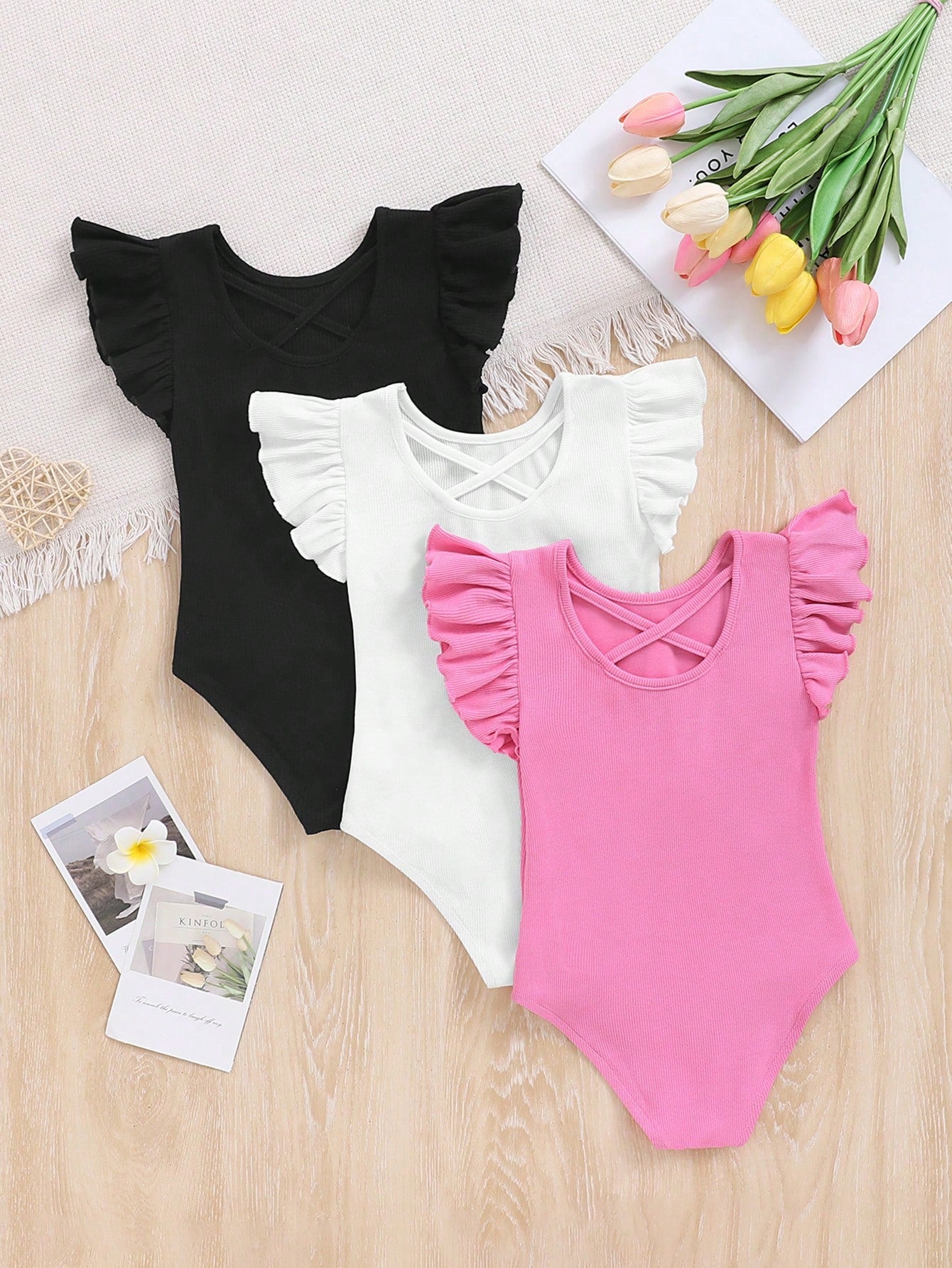 Young Girl 3pcs/Set Fashionable Crisscross Knitted Solid Ruffle Armhole Bodysuit